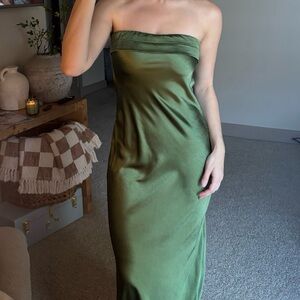 Hello Molly Strapless Satin Dress in Olive